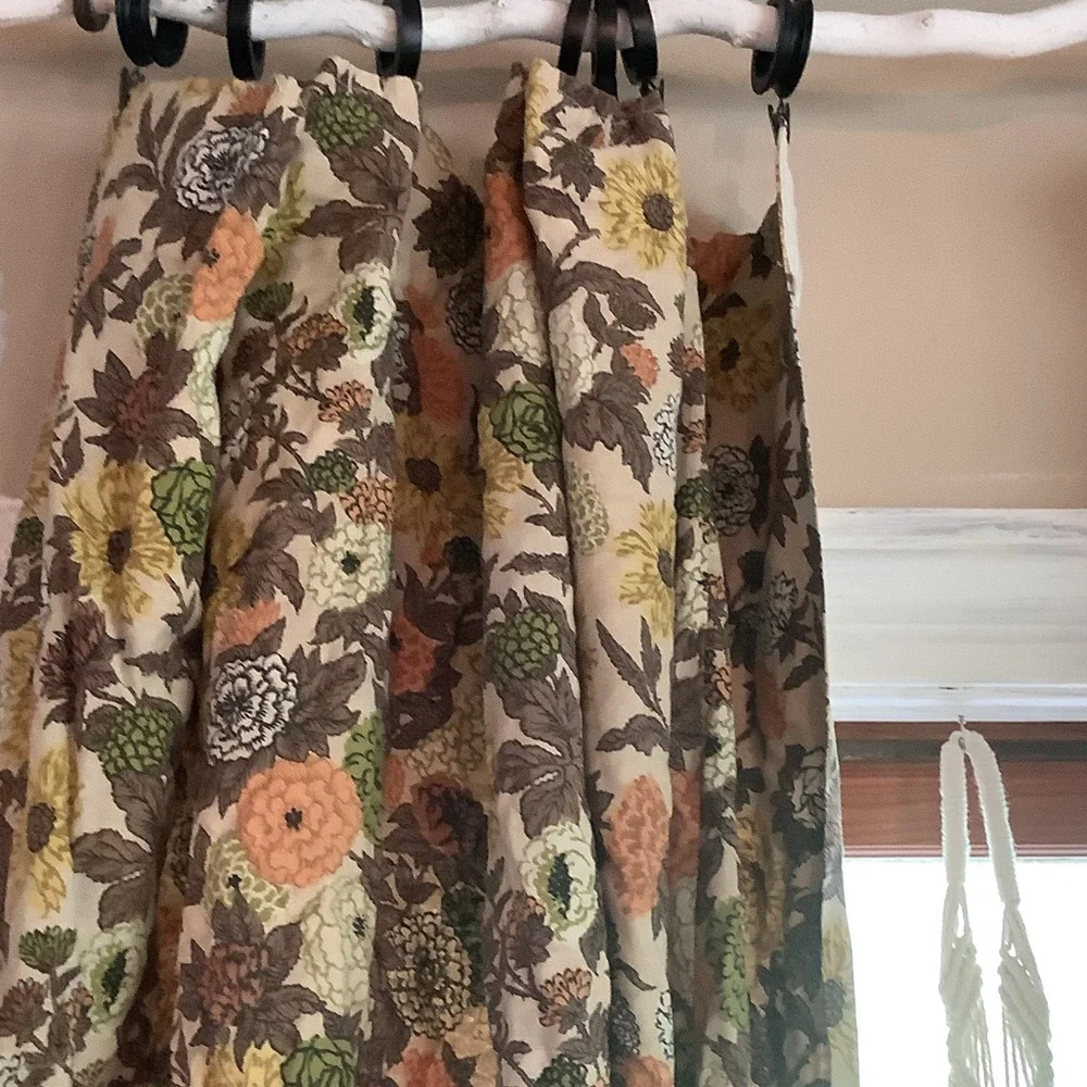 Vintage 60’s 70’s Cream Brown Orange Yellow Green Drapes Curtains 10 Pieces